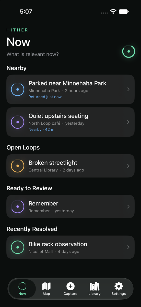 HITHER Now screen on iPhone